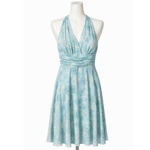 Teal Blue Sunburst Print Halter Neck Ruched Waist Cocktail A-Line Dress